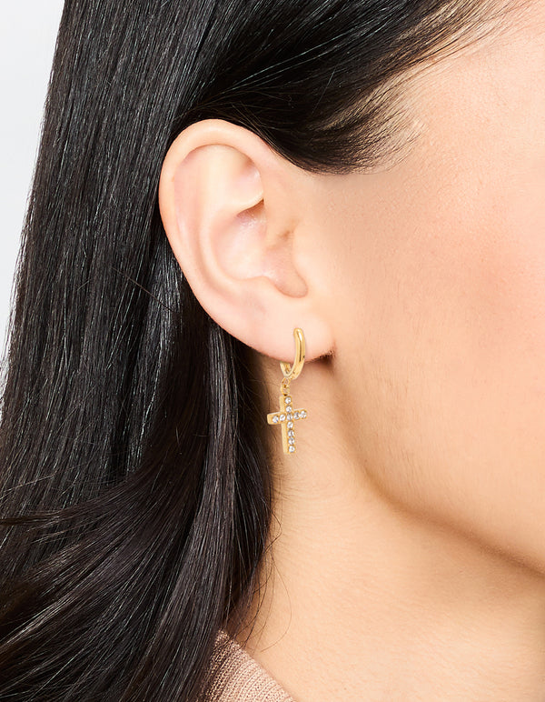 Waterproof Gold Plated Stainless Steel Diamante Cross Huggie Earrings