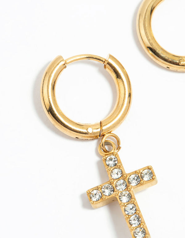 Waterproof Gold Plated Stainless Steel Diamante Cross Huggie Earrings