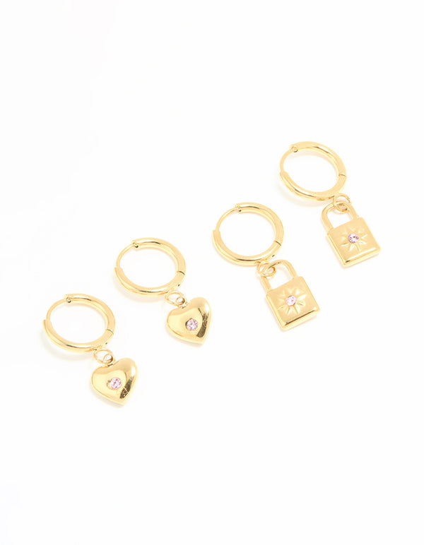 Waterproof Gold Plated Stainless Steel Heart & Lock Huggie Earrings 2-Pack