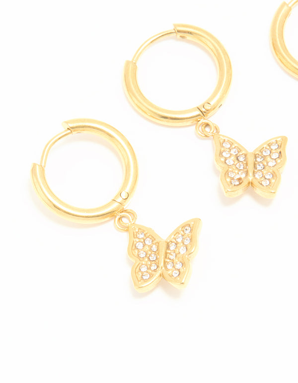 Waterproof Gold Plated Stainless Steel Diamante & Freshwater Pearl Butterfly Huggie Earrings 2-Pack