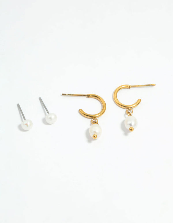 Waterproof Gold Plated Stainless Steel Dainty Pearl Earrings 2-Pack
