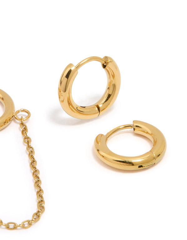 Waterproof Gold Plated Stainless Steel Cubic Zirconia Chain Huggie Earrings 2-Pack