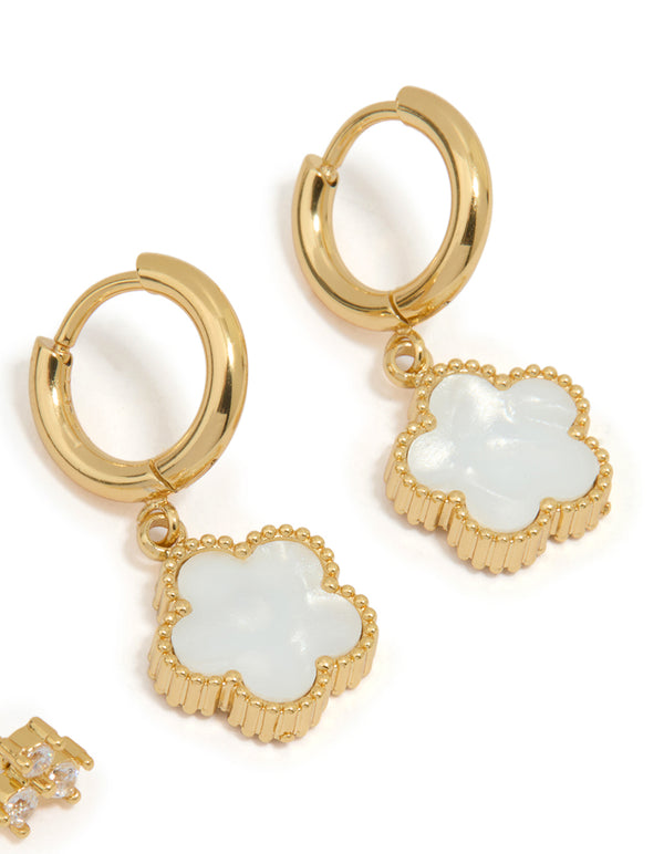 Waterproof Gold Plated Stainless Steel Cubic Zirconia Petal Earrings 2-Pack