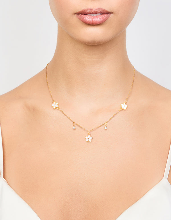 Waterproof Gold Plated Stainless Steel Cubic Zirconia Heart Floral Pendant Necklace