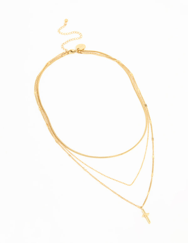 Waterproof Gold Plated Stainless Steel Cross Layered Necklace