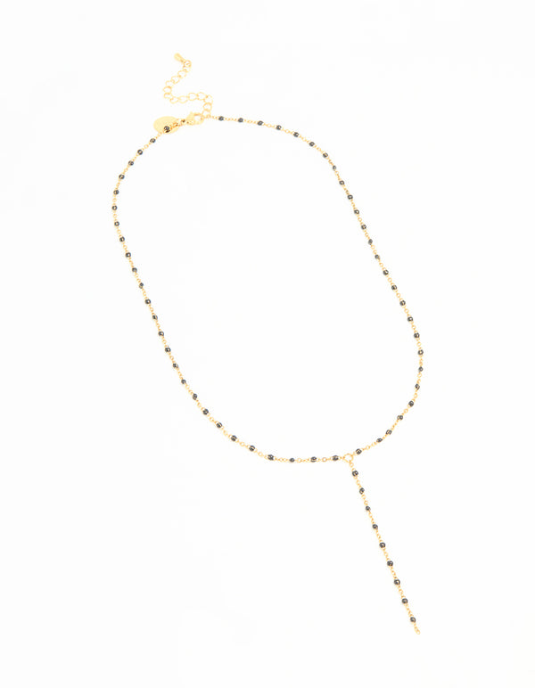 Waterproof Gold Plated Stainless Steel Black Bead Y-Necklace