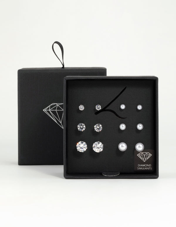 Silver Pearl & Cubic Zirconia Stud Earrings 6-Pack