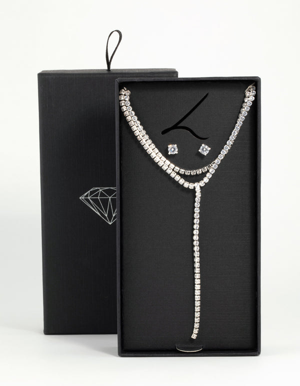 Silver Cubic Zirconia Layered Tennis Necklace & Stud Earrings Set