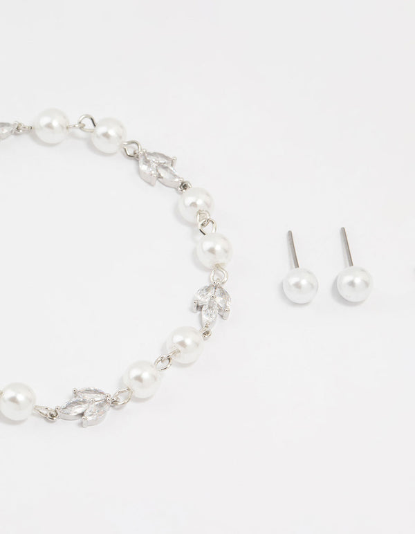 Silver Cubic Zirconia Pearl Leaf Bracelet & Earrings Set
