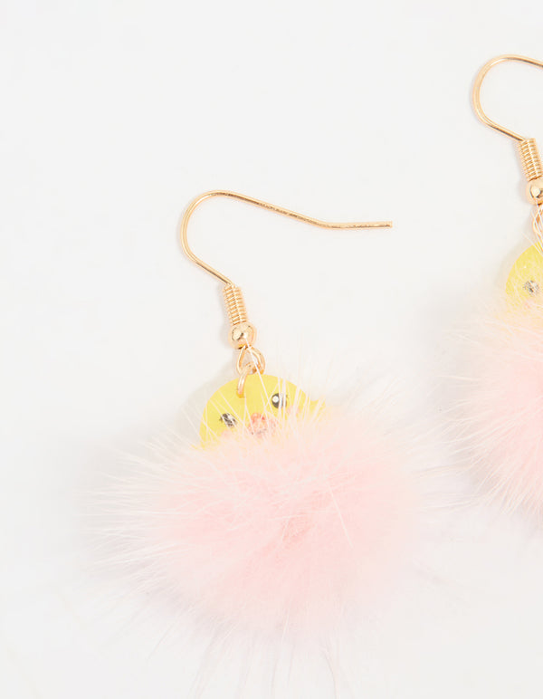 Kids Pink Pompom Chick Drop Earrings