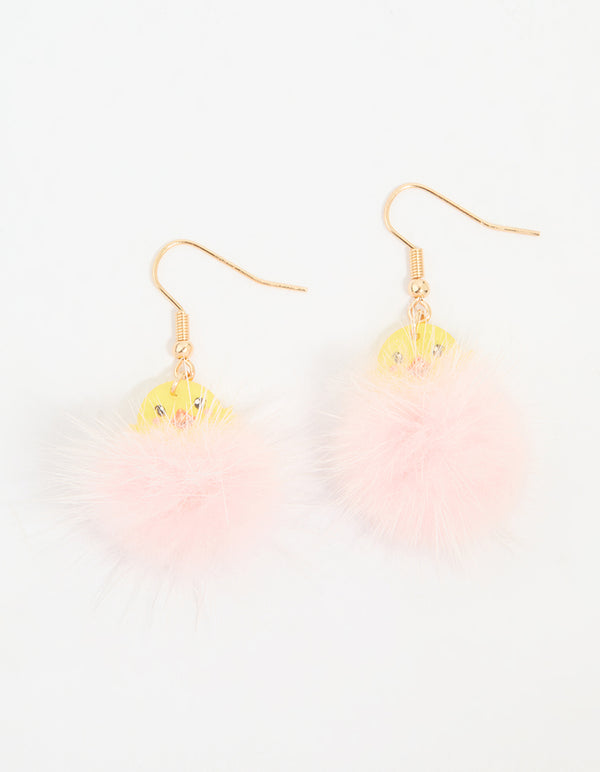 Kids Pink Pompom Chick Drop Earrings