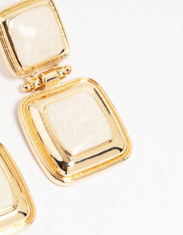 Gold Stone Square Hinge Drop Earrings