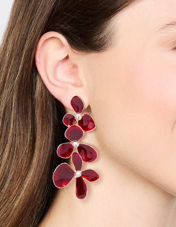Gold Red Enamel Triple Flower Drop Earrings