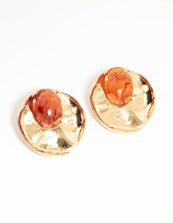 Gold Stone Disc Large Stud Earrings