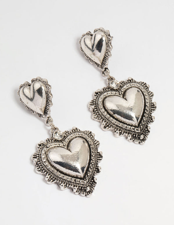 Silver Heart Drop Earrings
