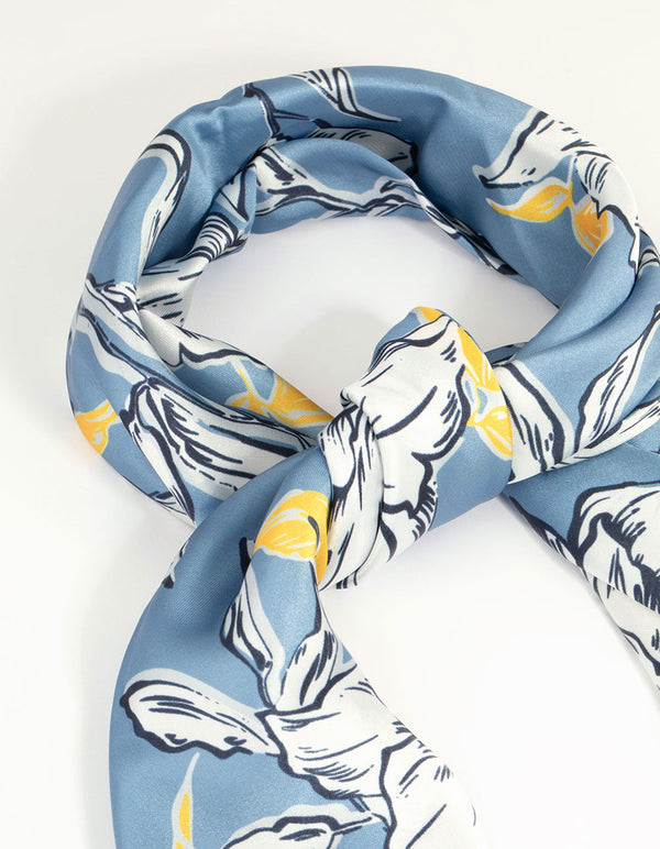 Blue Floral Outline Print Fabric Scarf