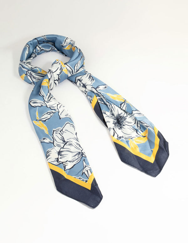 Blue Floral Outline Print Fabric Scarf