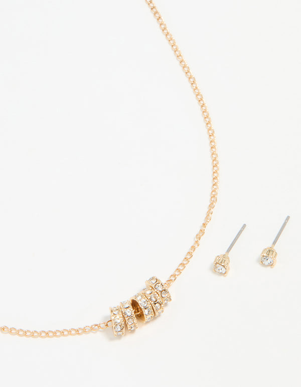 Gold Cubic Zirconia Rondell Necklace & Stud Earrings Set