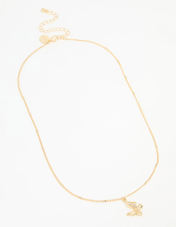 Gold Plated Cubic Zirconia Asymmetrical Butterfly Pendant Necklace