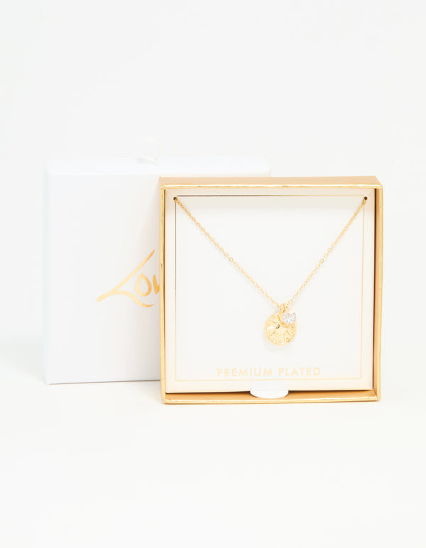Gold Plated Star Disc & Cubic Zirconia Drop Pendant Necklace