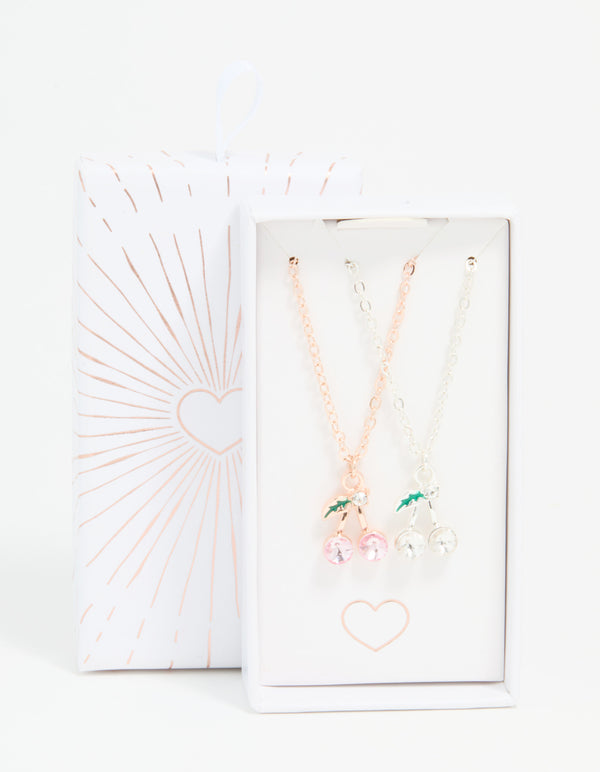 Mixed Metal Cherry Diamante Pendant Necklaces 2-Pack