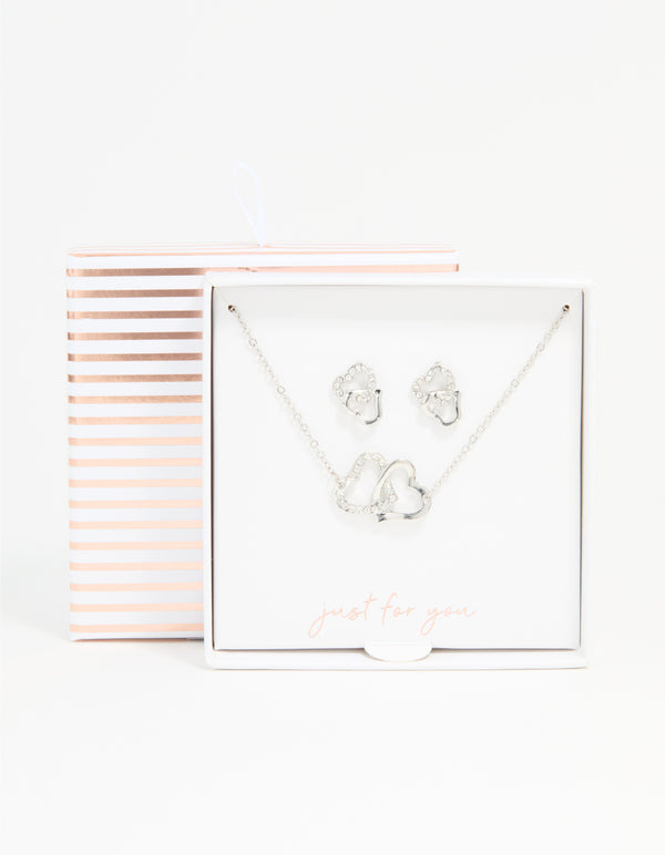 Silver Diamante Double Heart Necklace & Stud Earrings Set