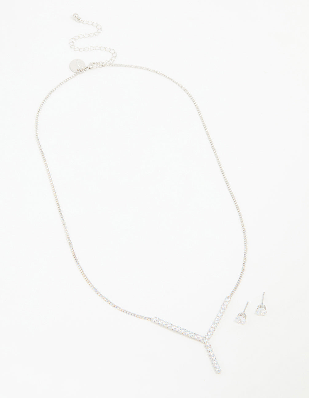 Silver Cubic Zirconia Y-Necklace & Stud Earrings Set