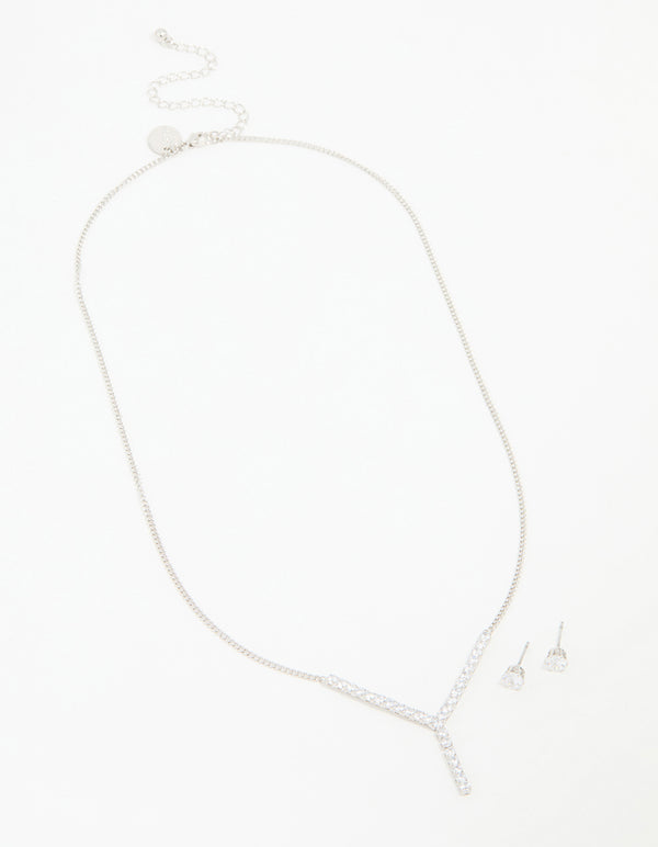 Silver Cubic Zirconia Y-Necklace & Stud Earrings Set