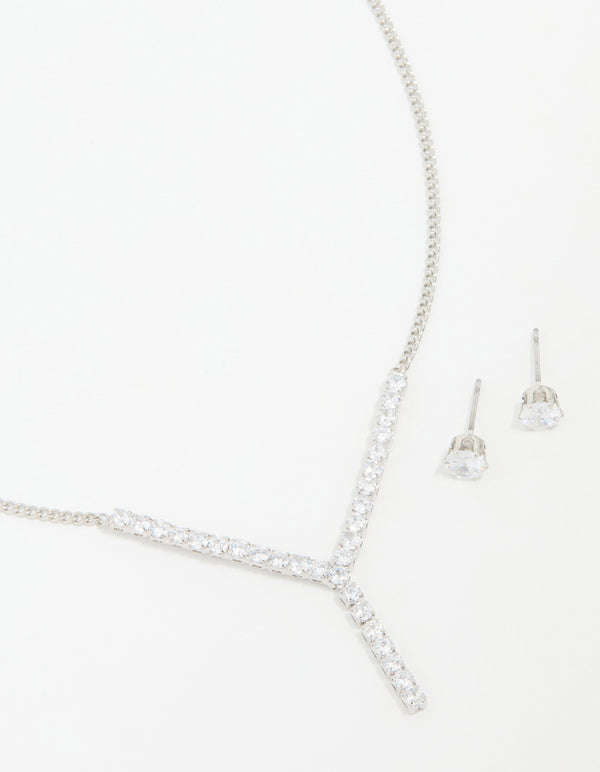 Silver Cubic Zirconia Y-Necklace & Stud Earrings Set