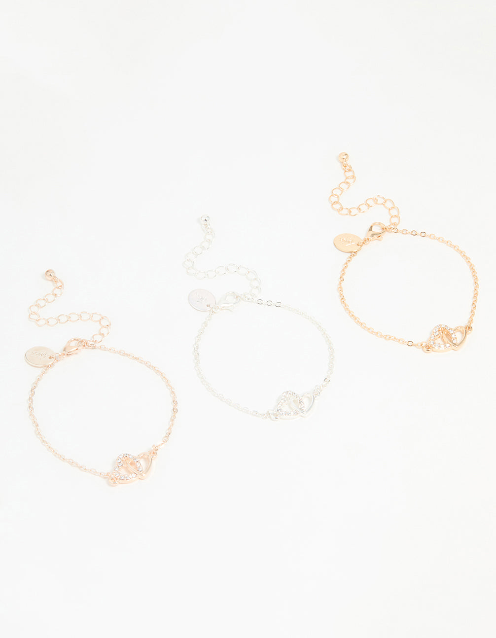 Mixed Metal Diamante Double Heart Bracelets 3-Pack