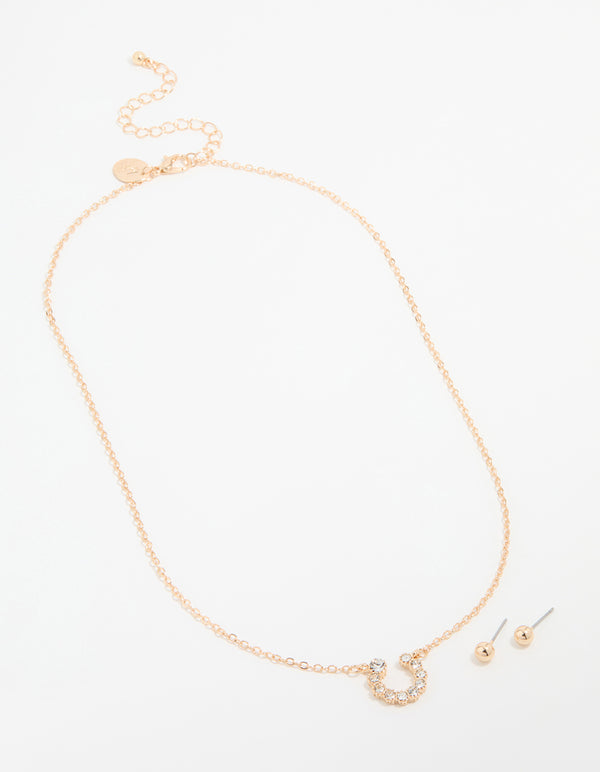 Gold Diamante Circle Necklace & Stud Earrings Set