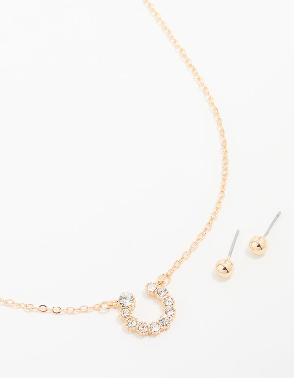 Gold Diamante Circle Necklace & Stud Earrings Set