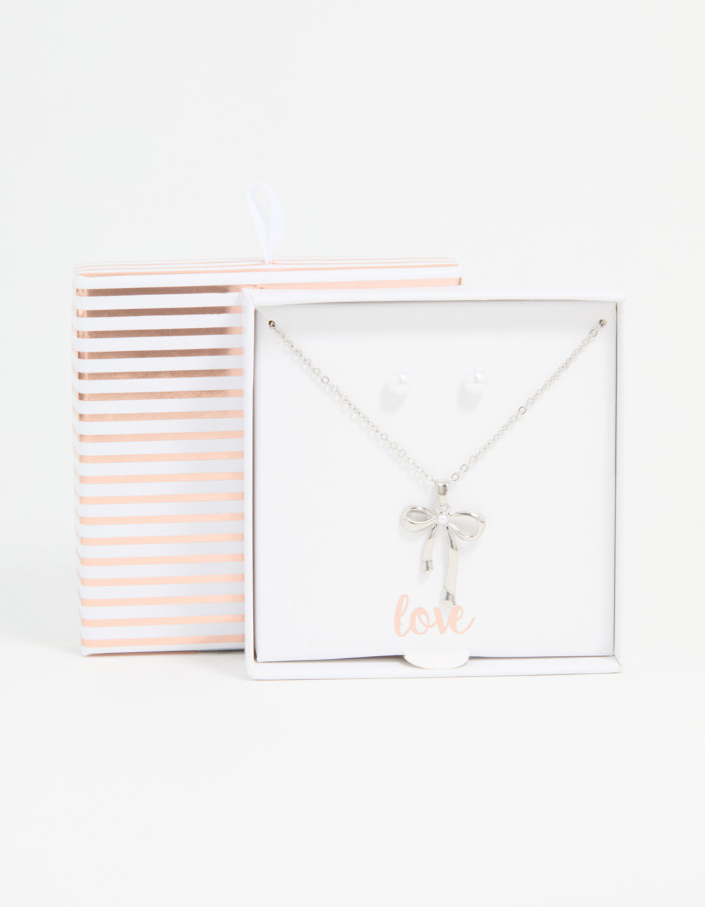 Silver Pearl Bow Necklace & Stud Earrings Set