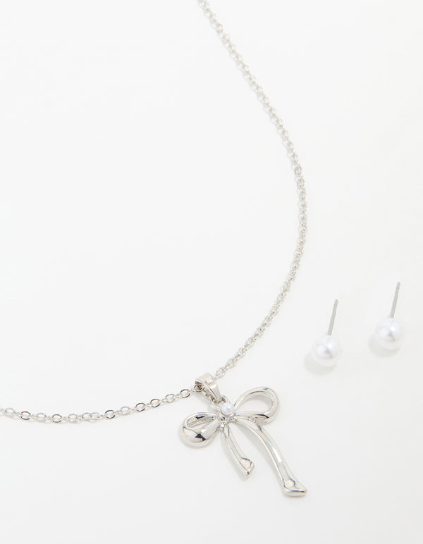 Silver Pearl Bow Necklace & Stud Earrings Set