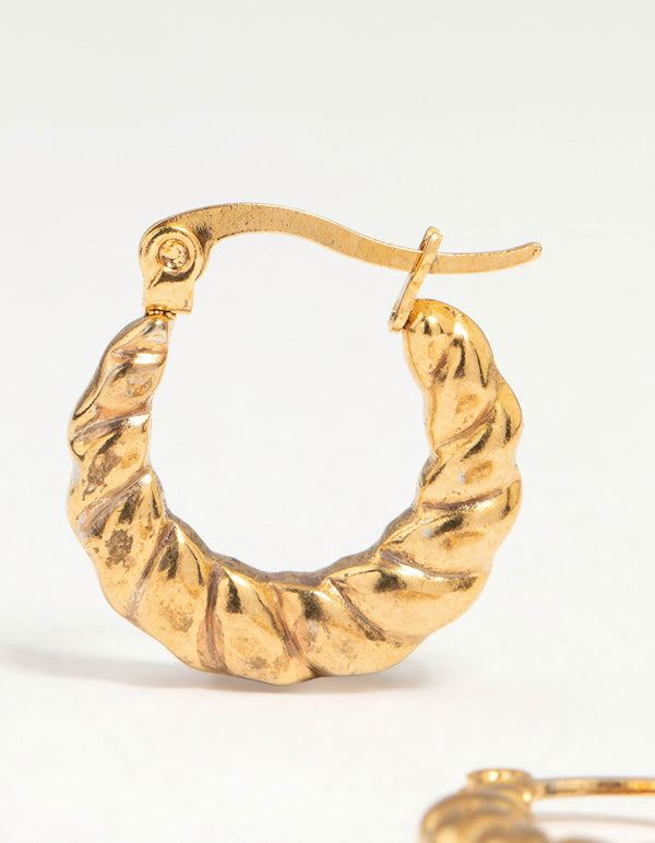 Waterproof Gold Plated Stainless Steel Textured Crescent Hoop Earrings