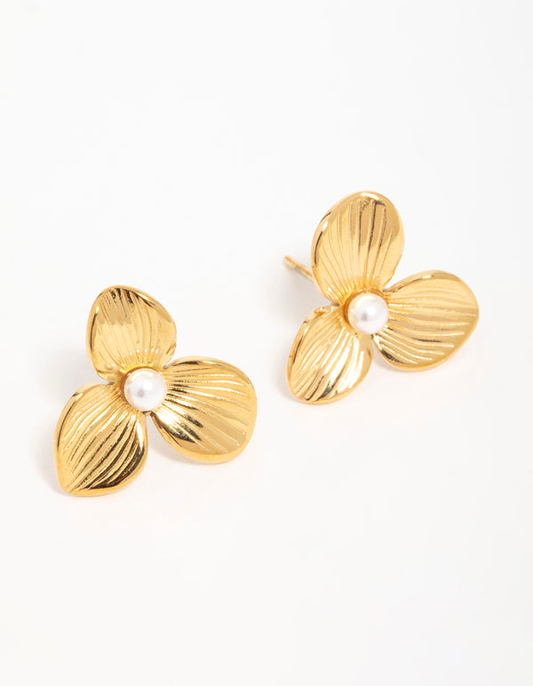 Waterproof Gold Plated Stainless Steel Pearl Flower Stud Earrings