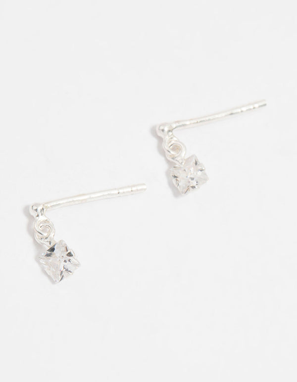 Sterling Silver Cubic Zirconia Princess Cut Drop Earrings