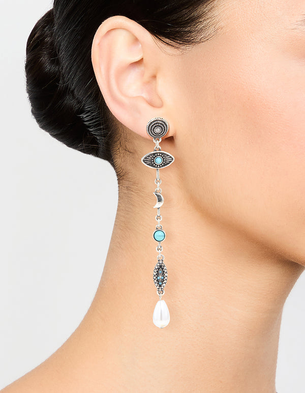 Antique Silver Pearl Turquoise Eye Drop Earrings