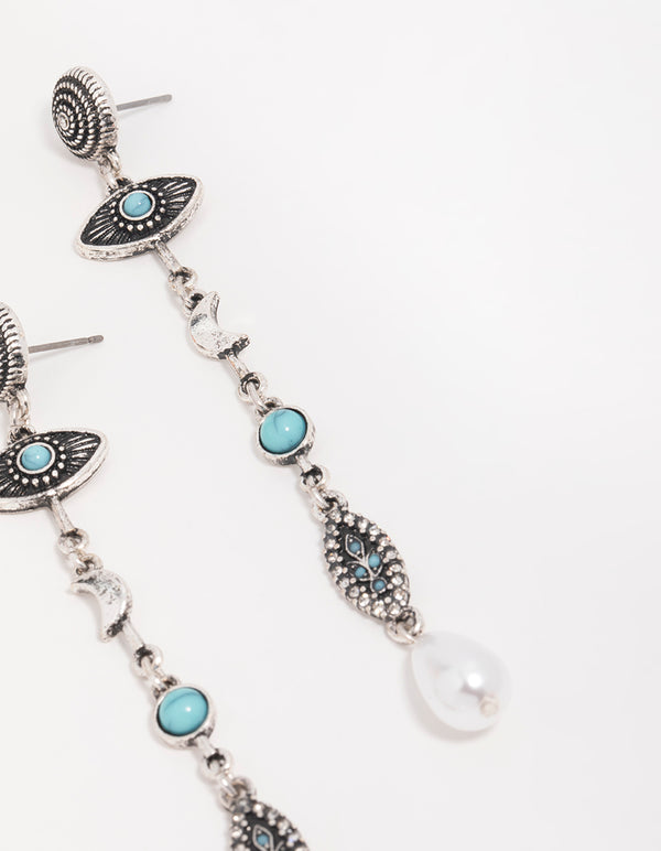 Antique Silver Pearl Turquoise Eye Drop Earrings