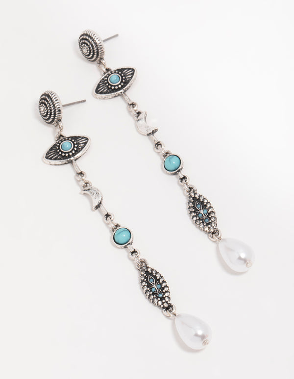Antique Silver Pearl Turquoise Eye Drop Earrings
