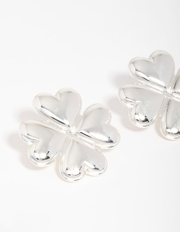 Silver Heart Flower Stud Earrings