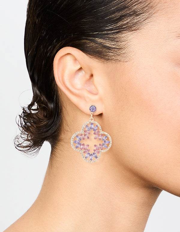 Rose Gold Diamante Flower Drop Earrings
