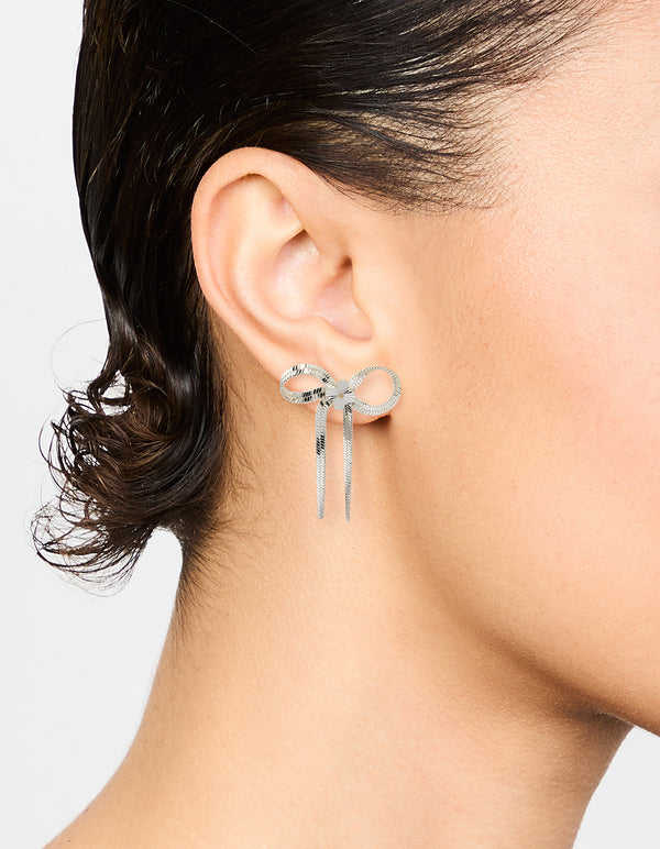 Silver Snake Chain Bow Stud Earrings