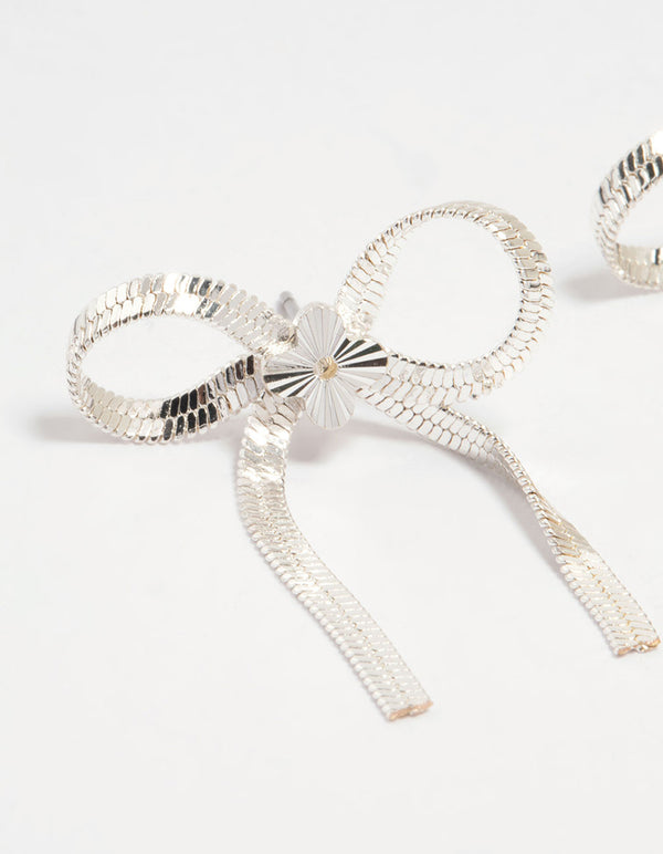 Silver Snake Chain Bow Stud Earrings