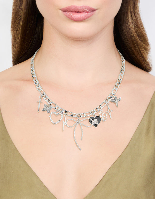 Silver Bow & Heart Charm Necklace