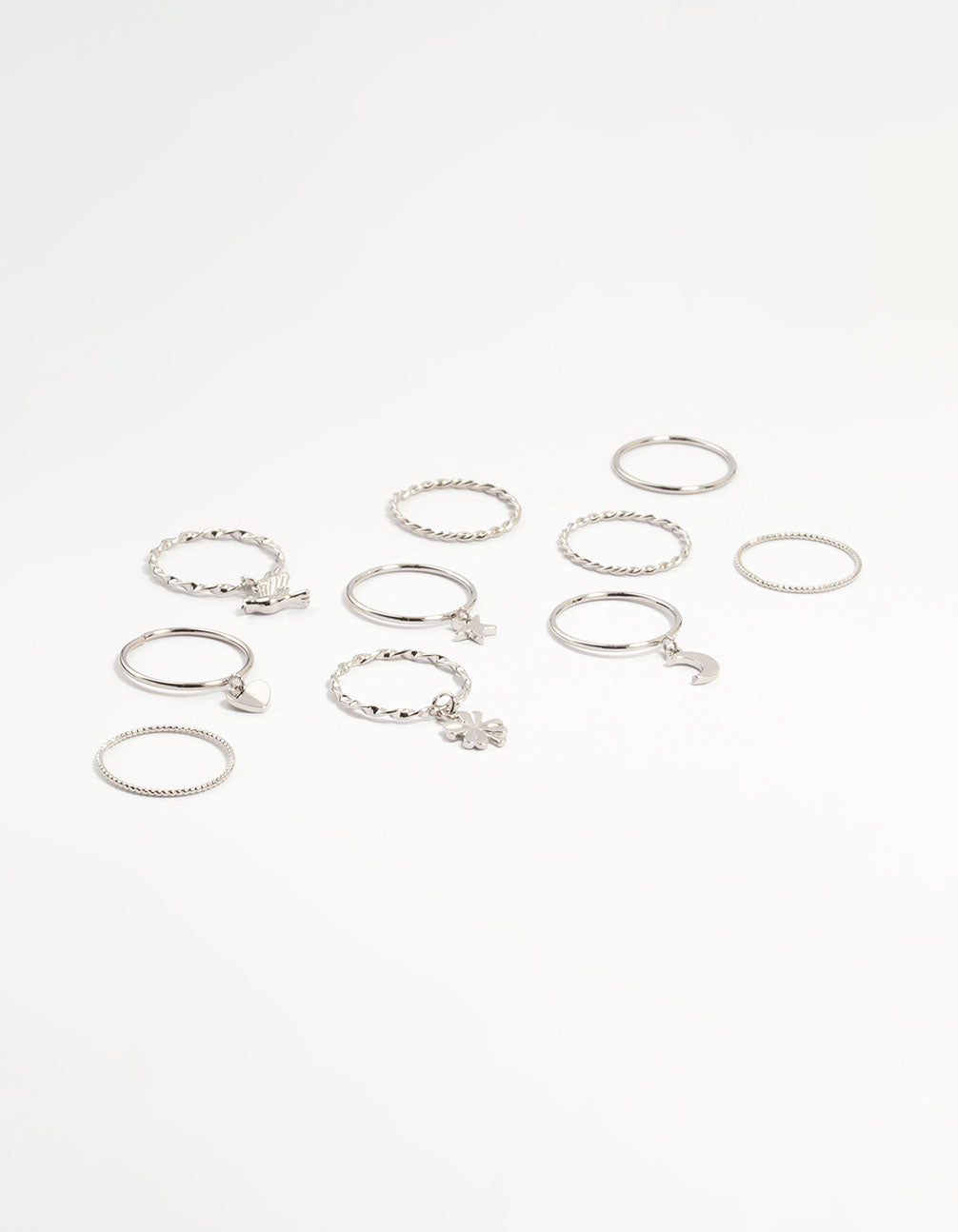 Silver Charm & Twisted Stacking Rings 10-Pack