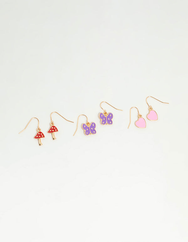 Kids Gold Toadstool Heart Drop Earrings 3-Pack
