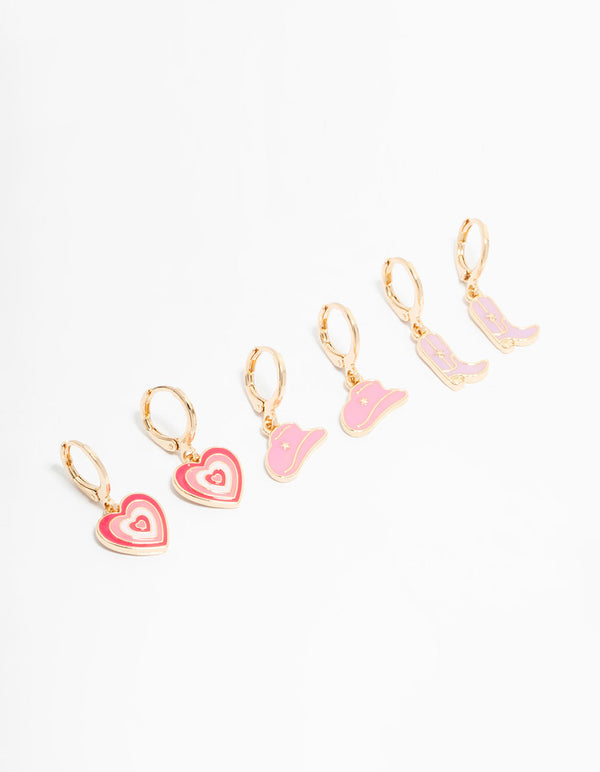 Kids Gold Pink Cowgirl & Heart Huggie Earrings 3-Pack