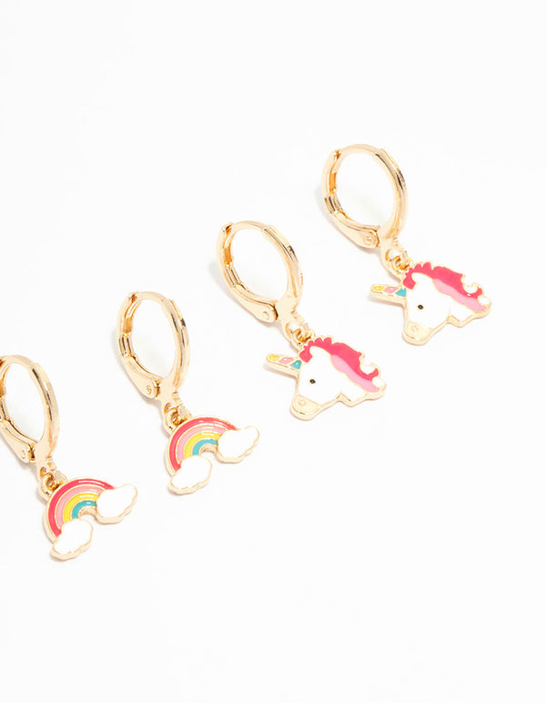 Kids Gold Pastel Unicorn & Butterfly Huggie Earrings 3-Pack