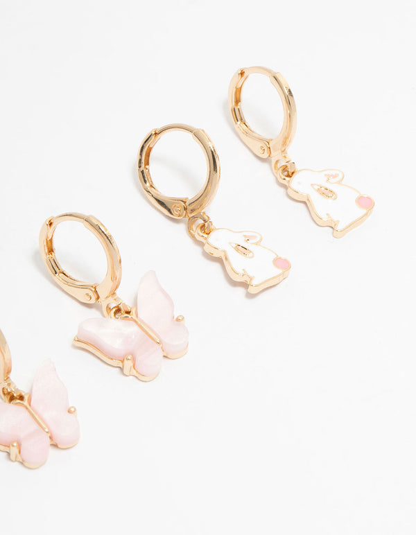 Kids Gold Bunny & Butterfly Huggie Earrings 3-Pack